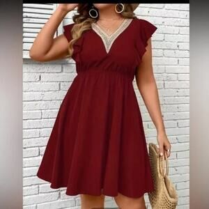 Boho Burgundy Dress Cap Sleeve with Lace Neck Cut Out